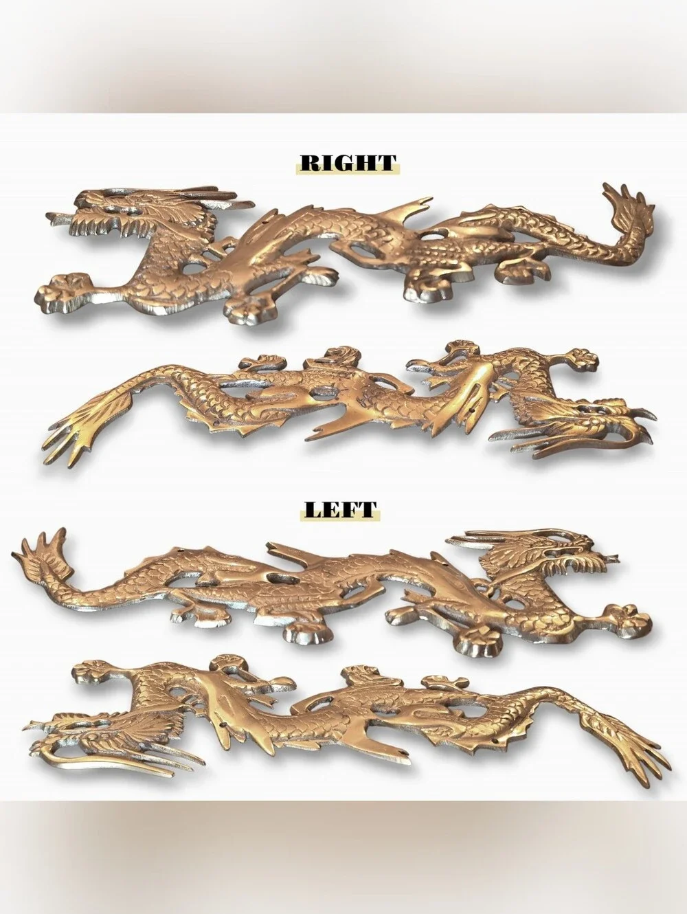 Vintage Brass-Plated Magnetic Metal Core Dragon Wall Plaques Mirrored Pair 2pcs